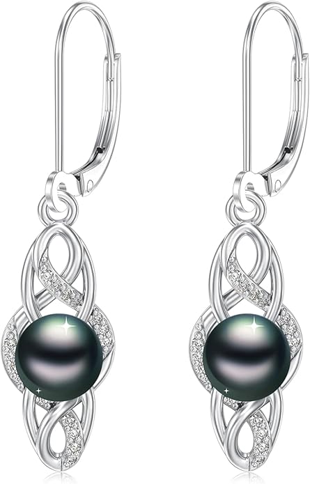 Tahitian Black Pearl Earrings Gifts for Women Wife Celtic Dangle Drop Earrings Wedding Birthday Anniversary Jewelry Valentines Christmas Day Gifts 925 Sterling Silver