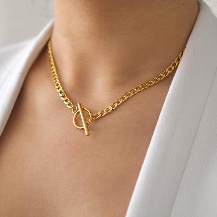 CHESKY Layered Necklaces for Women, 14K Gold Plated Chain Necklace Women Trendy Cuban Link Paperclip Chain Toggle Clasp Necklace Fashion Chunky Jewelry for Women