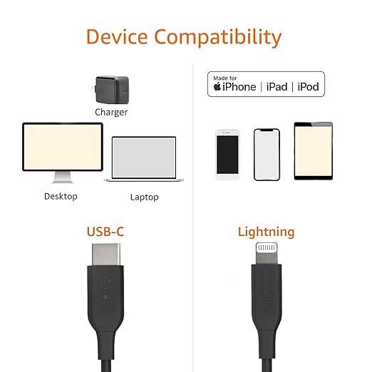 Amazon Basics USB-2.0 Type C to Lightning Cable (MFi Certified), 3 Feet, Black