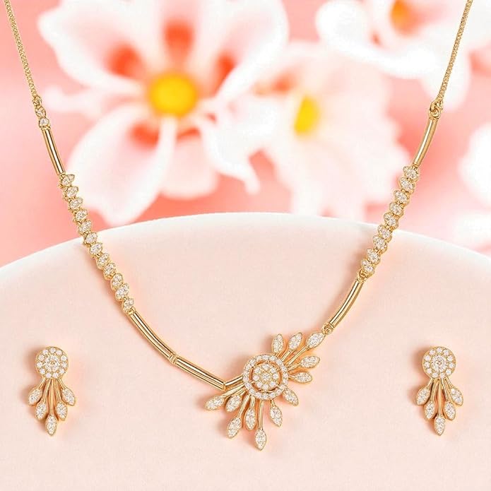 Nilu's Collection American Diamond Stone Studded | Rose Gold/Silver Plated | Anti Tarnish Jewellery Set for Women | Matching Earrings Perfect for Weddings and Special Occasions
