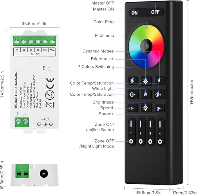 BTF-LIGHTING 5050SMD FCOB COB RGBCCT RF 2.4GHz Wireless Remote RC03RFB &4PCS C05RF Tuya Controller Kit 4 Zones Group Control PWM RGBWW (+ R G B C W) 6pin LED Strip DC5V DC12V DC24V