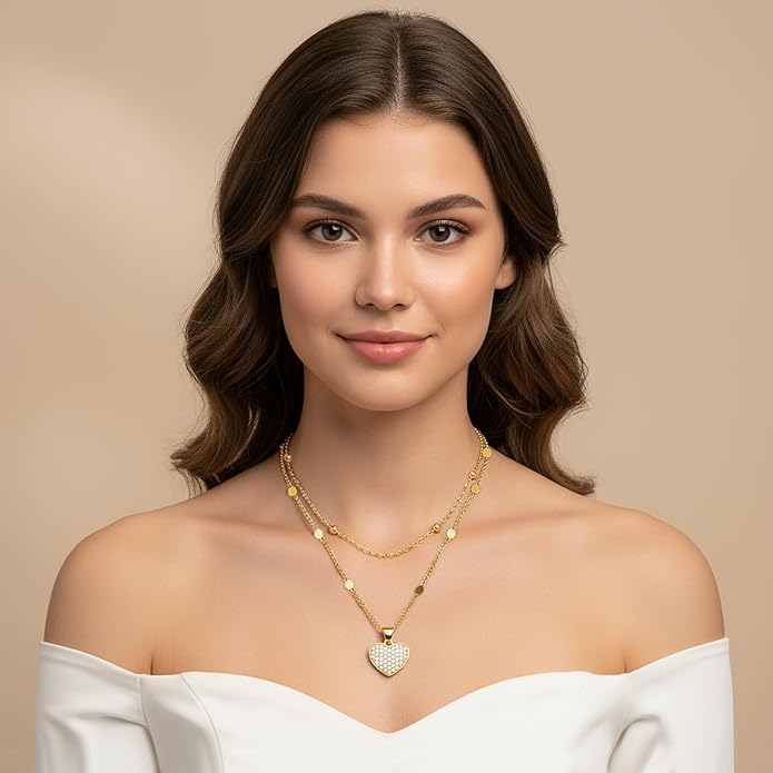 Heart Necklaces for Women 14K Gold Plated Layered Necklace Set with Cubic Zirconia Heart Pendant, Dainty Stackable Choker Chain, Gift for Her