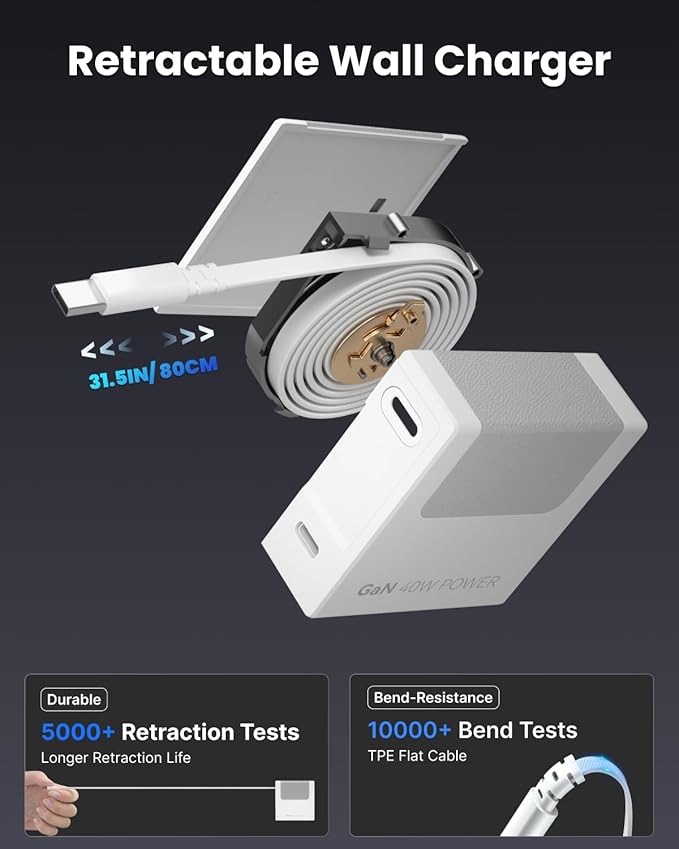 Gitryin 1 Micro USB Retractable Wall Charge and 11-in-1 Desktop Charging Station with 3 Type-C Retractable Wall Chargers