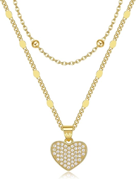Heart Necklaces for Women 14K Gold Plated Layered Necklace Set with Cubic Zirconia Heart Pendant, Dainty Stackable Choker Chain, Gift for Her