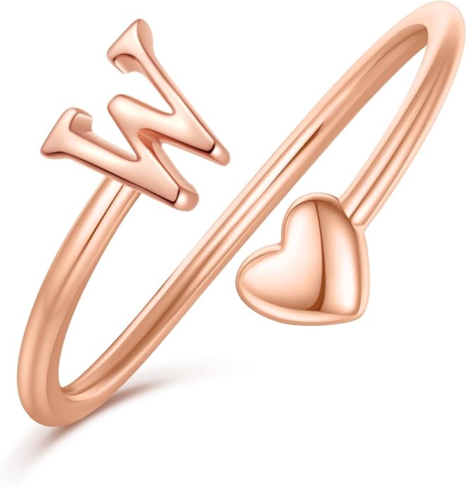 Initial Rings for Women Girls - Valentines Day Gifts for Her, Adjustable Rings for Women Non Tarnish Letter A-Z Dainty Heart Ring Teen Girls Gifts Trendy Stuff Personalized Jewelry Gift