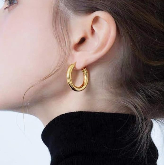 sovesi Chunky Gold Hoop Earrings for Women with 925 Sterling Silver Post, 14K Gold Plated Small Thick Gold Hoops Earrings for Women