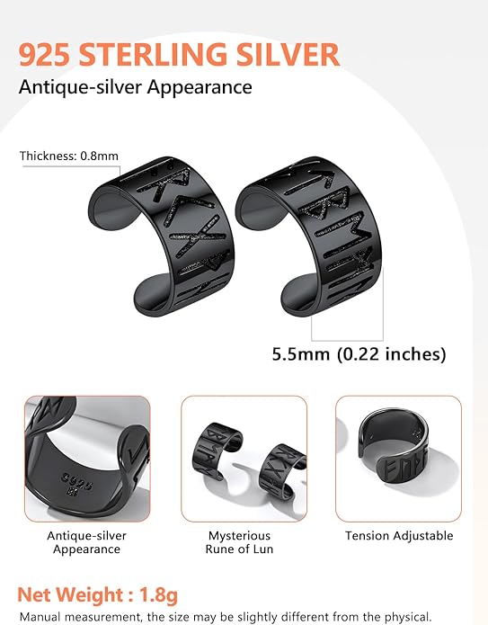 Silvora Ear Cuff 925 Sterling Silver Viking Runes Earrings for Men Women Viking Jewelry with Gift Box