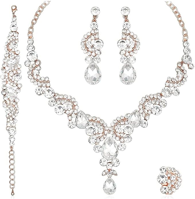 CSY Elegant Crystal Necklace Earrings Bracelet Ring Bridal Wedding Party Costume Jewelry Sets for Brides Women