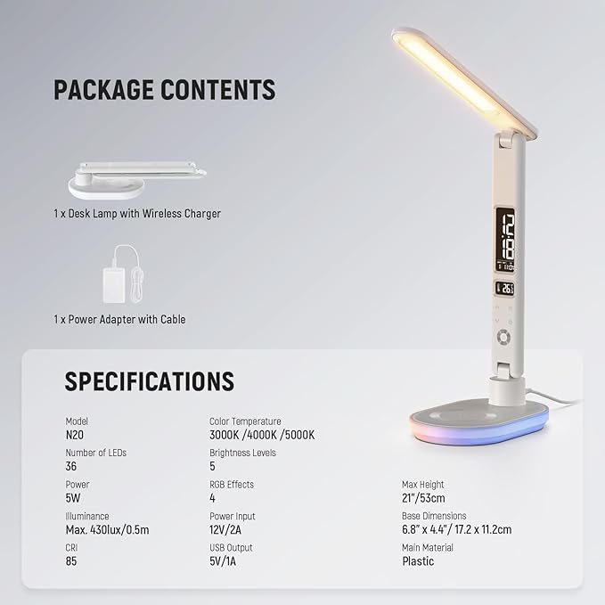 NEEWER Entry Level Version LED Desk Lamp with USB A Output, 3 Modes/5 Brightness Levels/4 RGB Effects/CRI85, LCD for Temp/Date/Time/Alarm, Eye Caring Touch Table Light for Home Office/Reading, N20