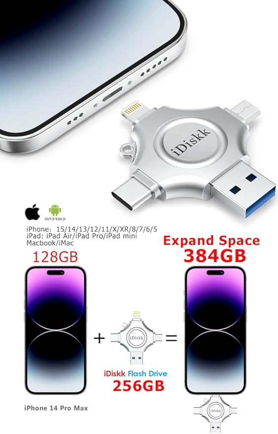 256GB App-le Certified iPhone 17 16 iDiskk FLASHDRIVE 256GB USB C Thumb Drive Photo Stick for iPhone iPad Android Samsung Flash Drive for iPhone Photos 15/14/13/12/12 pro/12 mini Storage