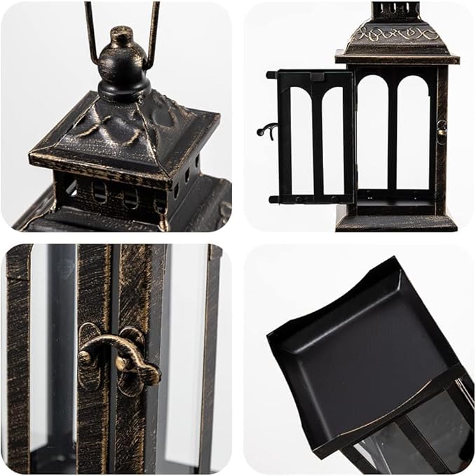 DECORKEY Candle Lantern Decorative Indoor & Outdoor, Christmas Vintage Metal Hanging Lanterns Decor for Front Porch Home Patio Wedding Party, Halloween Decorations (Black with Copper Brush)