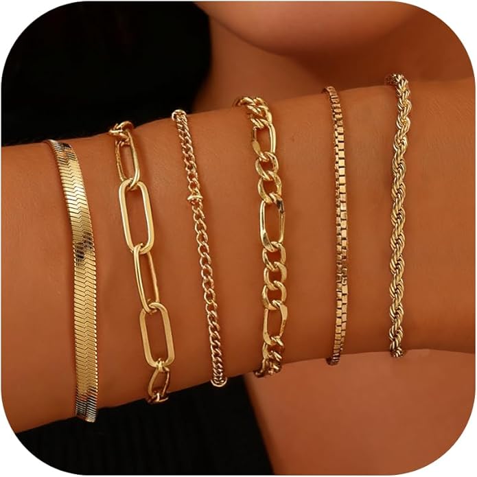 Gold Bracelets for Women, 18K Gold Plated Dainty Paperclip Link Chain Bracelets Thin Cute Stackable Bracelet Pack Fashion Accessories Gifts for Women