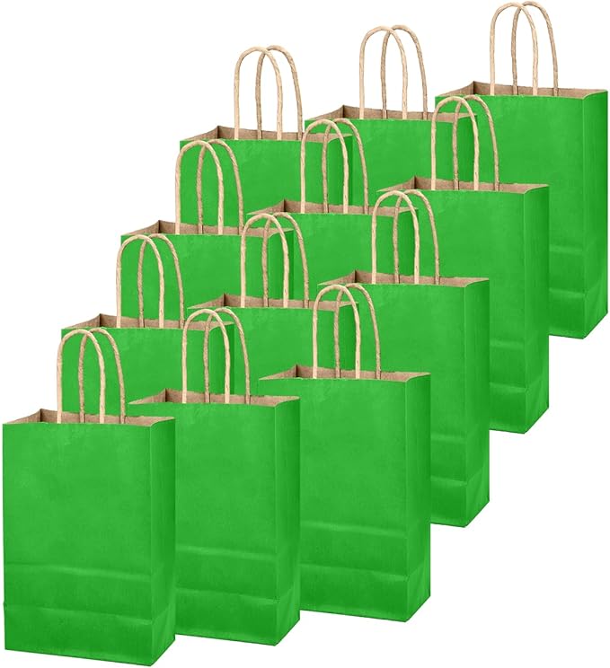qiqee Bamboo Green Gift Bag with Handles Bulk 24Pcs Paper Bags -10.6"x8.3"x4.3"Party Favor Bags - Solid Color