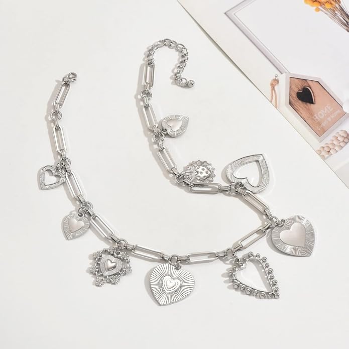 Chunky Gold Necklace Big Heart Necklace for Women Silver Large Statement Necklaces Thick Bold Chain Puffy Love Heart Charm Necklaces for Women with OT Toggle Silver Chunky Gold Jewelry Trendy Valentine's Day Gift