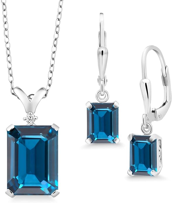 Gem Stone King 9-13 Cttw Pendant and Earrings Jewelry Set For Women | Emerald Cut 14X10MM and 8X6MM | Round 1.5MM | Gemstone Birthstone and Diamond | 925 Sterling Silver | 18 Inch Silver Chain