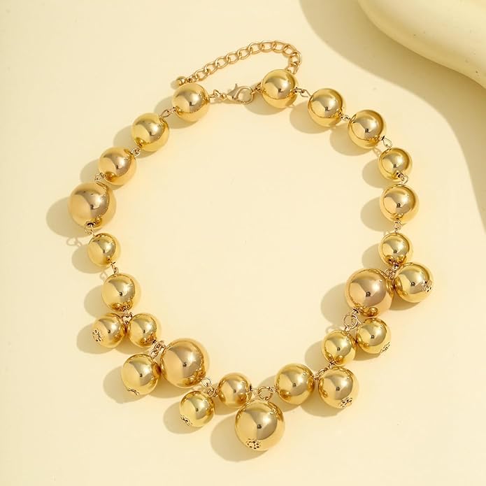 Chunky Pearls Statement Choker Necklace for Women,14K Gold Large Beaded Punk Ball Cluster Collar Necklace Party Dainty Jewelry Gift
