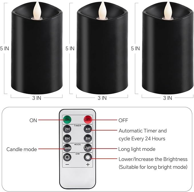 3PCS, 3 x 5 inches Flameless Candle with Remote Control, 3D Flickering Wick, Real Wax Pillar LED Candles, Battery Candles,with Timer,for Holiday Home Decor, Black