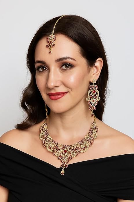 Touchstone Indian jewelry set for women bollywood gold jewellery wedding outfits necklace sets earrings bridal maang tikka fancy costume girls big desi accessories rhinestone in gold or silver tone