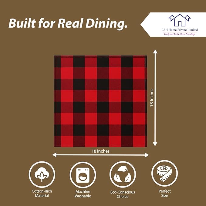 LFH Home 100% Cotton Cloth Reusable Dinner Napkins Set of 12 Washable Soft Decorative Buffalo Plaid Gingham and Checkered Table Napkins for Holidays Wedding Farmhouse Decor 18x18 Inch-Red & Black
