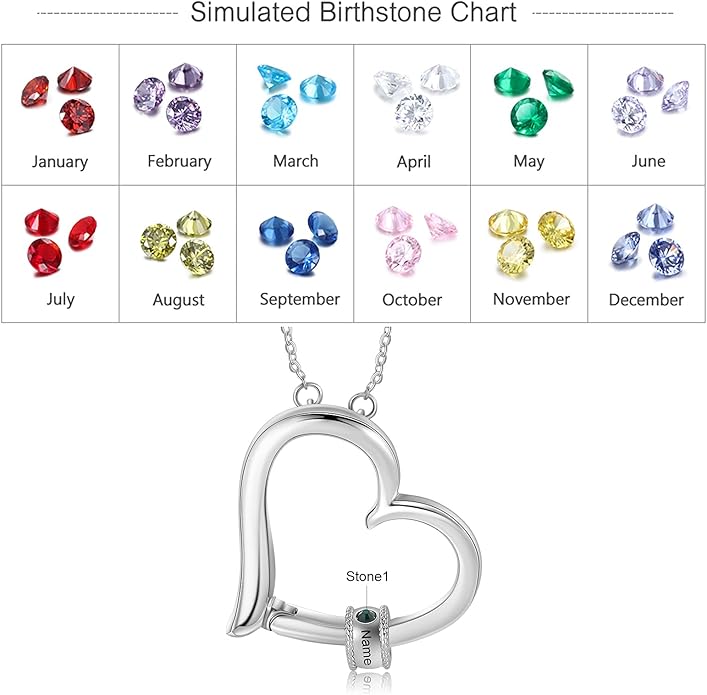 Personalized Women's Pendant Necklace 925 Sterling Silver with 1-5 Simulated Birthstone Names Customized Heart Shape Cubic Zirconia Necklace