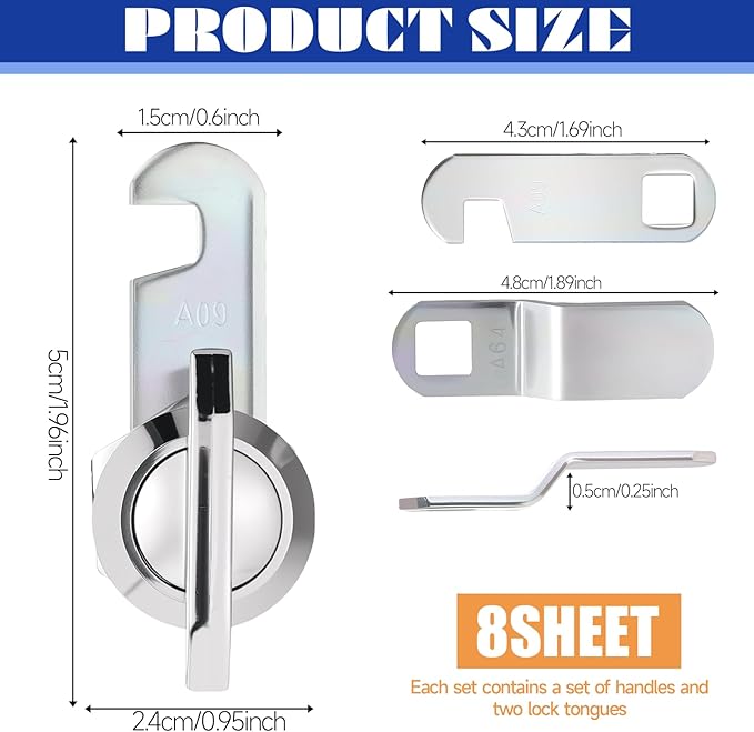 Thumb Operated Offset Cam Locks, 3/8", 5/8", 7/8" Keyless Cabinet Locks for RV Storage Doors, Camper Compartments, Mailbox Drawers, Zinc Alloy Rustproof Latch with Straight & Bent Locking Arms, 8-Set