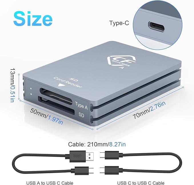 CFexpress Type A and SD Dual-Slot Memory Card Reader, 10Gbps USB 3.2 Gen 2 Type A CFexpress Adapter Memory Card Reader with USB C to USB C/USB A Cable,Compatible with Windows/Mac/Linux/Android
