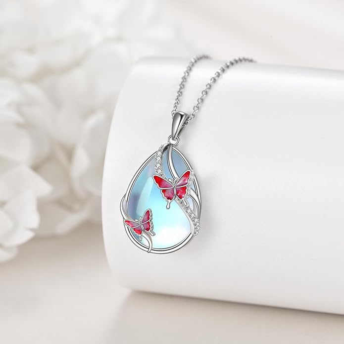 KQF Dragonfly/Butterlfy/Cat/Jellyfish/Bunny/Axolotl/Bee/Mermaid/Hummingbird/Elephant Necklace for Women Sterling Silver Moonstone Pendant Necklace Dragonfly Jewelry Gifts for Women