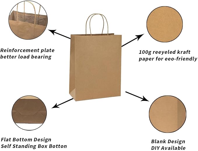 FACEBAG 100Pcs Brown Kraft Shopping Bags 10x5x13Inches Brown Paper Bags with Handles Bulk, for Merchandise,Party Favor, Retail,Gift Bag,Reusable & Durable