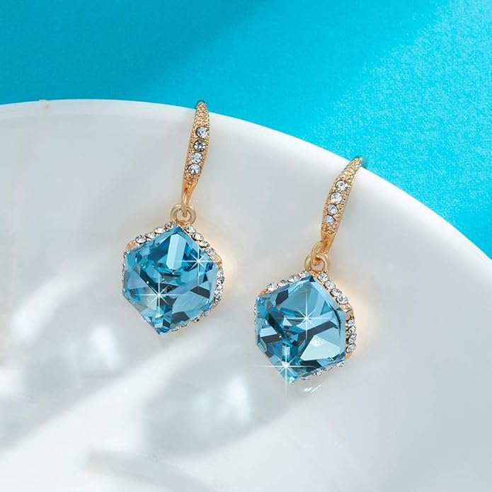 Austrian Crystal Cube Drop Dangle Earrings for Women 14K Gold Plated Hypoallergenic Jewelry