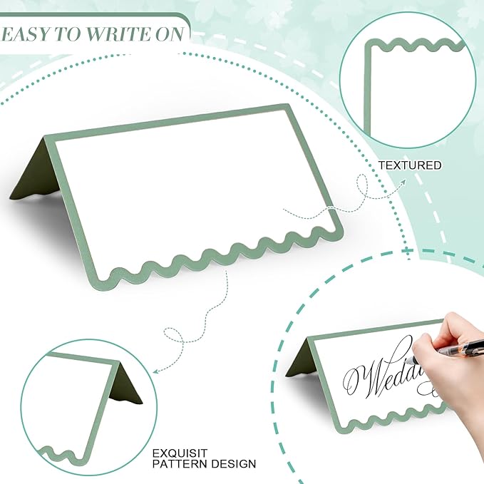 150 PCS Sage Green Scalloped Place Cards 2 x 3.5 Inch Blank Tented Place Card Name Cardstock Seat Assignment Label Card Reserved Table Seating Signs for Birthday Party Wedding Setting