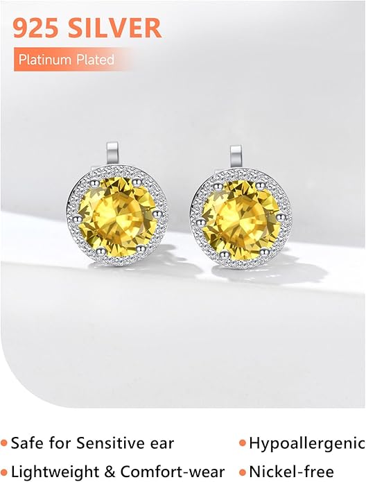 Silvora 925 Silver 8MM Cubic Zirconia Birthstone Clip On Stud Earrings Round Non Pierced Earrings For Women,Come with Box