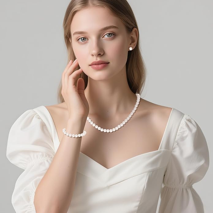 Pearl Necklace and Earring Set Include Stunning Bracelet, Pearl Jewelry Set for Women with Preserved Rose Box