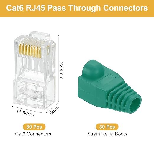 MECCANIXITY 30pcs Cat6 RJ45 Pass Through Connectors, RJ45 Connector 8P8C Gold Plated Plugs with 30pcs Green Strain Relief Boots for Solid or Stranded UTP Ethernet Cable, 1.1mm