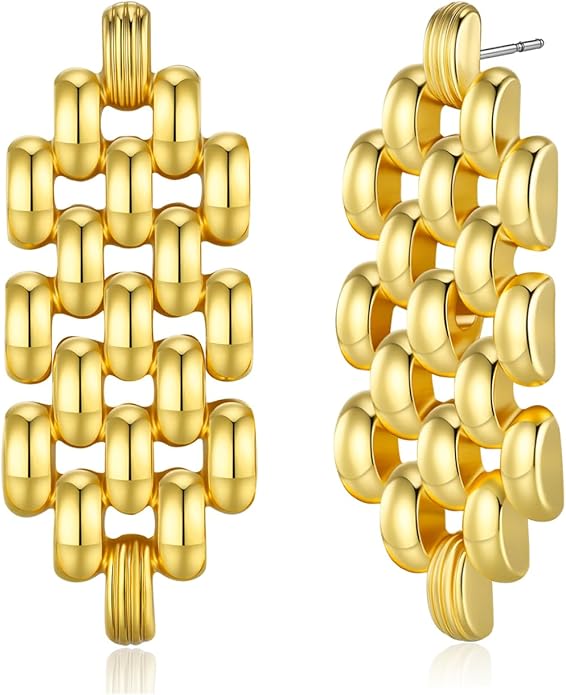 18K Gold Plated Chunky Statement Earrings for Women by SNGIA, Bold Drop Dangle Chain Link Rope Ribbed Barcelet Patterned Interlcok Rib Shape Drop Earrings, Handmade Exaggerated Irregular Vintage Boho Accessories, Unique Bohemian Trendy Fashion Thick Ov...