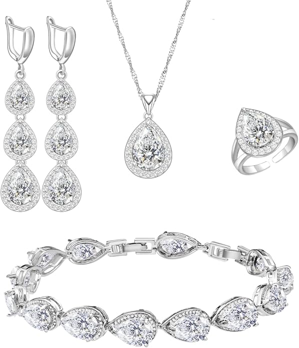 LMXXVJ Necklace Long Earrings Bracelet Set, White Gold Plated Created Blue Sapphire Jewelry Set Wedding Party Gift Jewelry for Women Bridal Bridesmaid