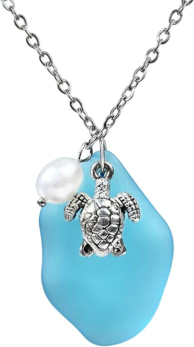 Sea Glass Necklace, Wire Wrapped Beach Necklaces, Sea Glass Jewelry, Handmade Blue Beach Jewelry for Women Trendy