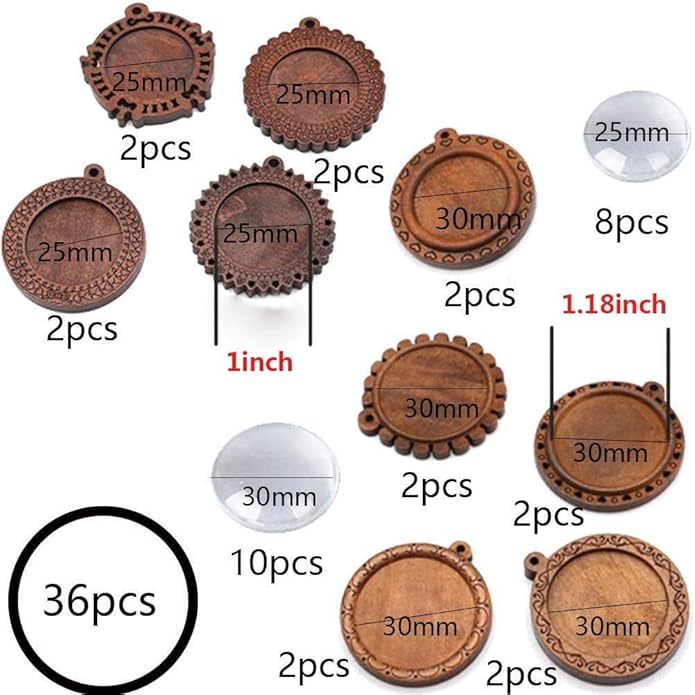 ToBeIT Bezel Pendant Trays Round Wooden and Glass Cabochon Round Clear Dome for DIY Crafting Photo Jewelry Making