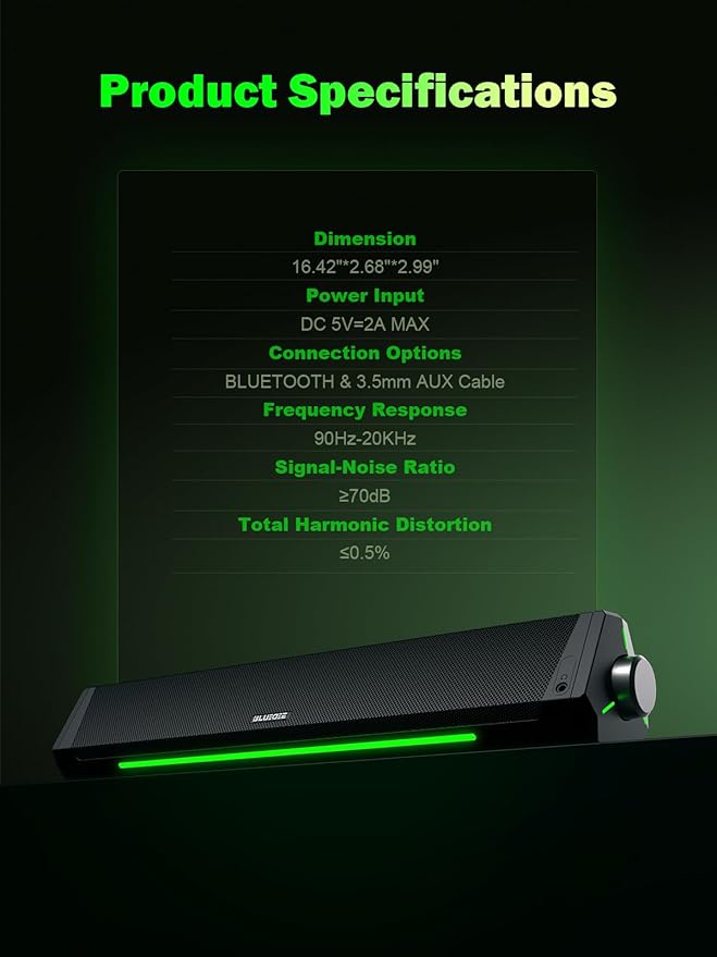 BLUEDEE Computer Speakers, Bluetooth Soundbar, HiFi Stereo, 3.5mm Aux-in Connection, USB Powered Speakers for Desktop Monitor, PC, Laptop, Tablets