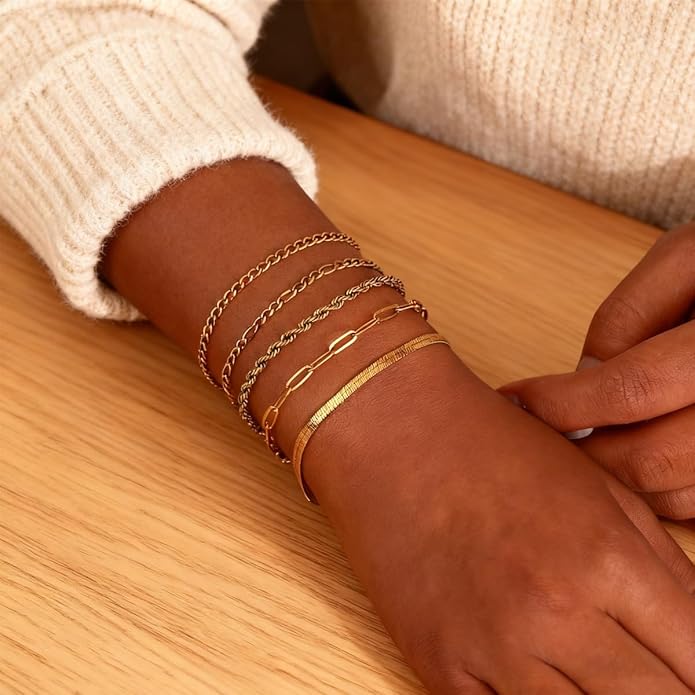 18K Gold Plated Bracelet Sets for Women Waterproof - Trendy Thin Dainty Stackable Cuban Link Paperclip Snake Twisted Chain Fashion Jewelry Accessories Gifts for Women