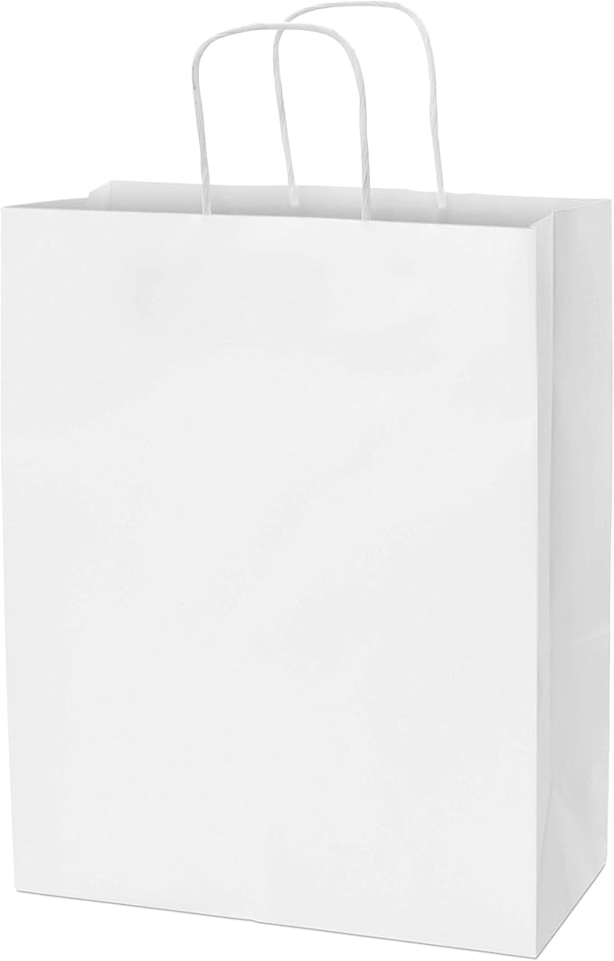 Prime Line Packaging White Gift Bags, Paper Shopping Bags with Handles for Small Business, Boutiques, Retail, Merchandise, Favors, Bulk, 10x5x13, 25 Pack