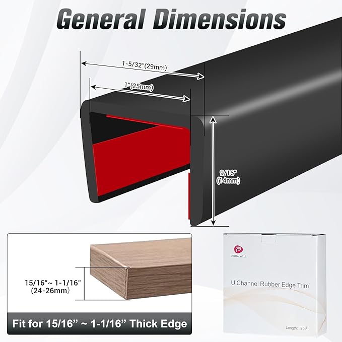 Rubber Edge Trim, Self Adhesive U Channel Edge Trim, Big Size U Shaped Trim, Edge Banding for Plywood, Woods, Shelf, Cabinet, Countertop, Fit for 1", Length 20Ft, Black