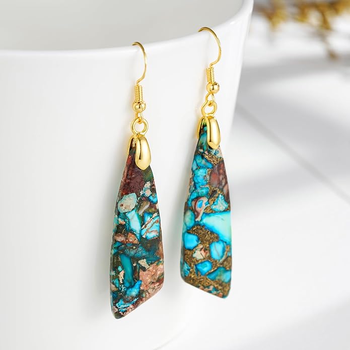 Boho Women Natural Stone Earrings Unique Healing Imperial Jasper Gemstone Energy Hypoallergenic Lightweight Dangle Drop Earrings Multiple Styles Earrings Jewelry for Birthday Party Gift