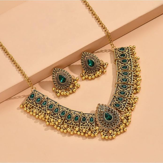Indian Wedding Bridal Traditional Bohemian Jewellery Set for Women Girls Antique Oxidized Ethnic Party Prom Wear Statement Necklace Earring Tassel Bollywood Choker Punk Crystal Fashion Gift for Bride