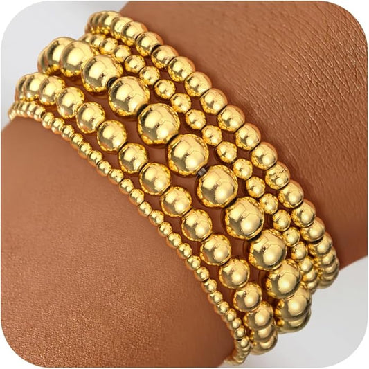 Gold Bead Bracelets for Women Girls - 14K Gold Plated Dainty Round Bead Ball Pearl Cross Bracelet Stack for Women Teenage Girls Stackable Jewelry Christmas Gifts