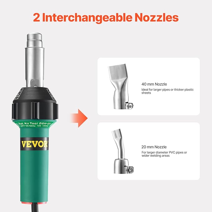 VEVOR Hot Air Plastic Welder, 1600W Hot Air Torch Pistol, 122-1112℉ PVC TPO Vinyl Heat Gun Welding Torch, Plastic Welding Roofing Kit with 2 Nozzles, Silicone & Copper Seam Roller for PP/PE/PVC Sheet