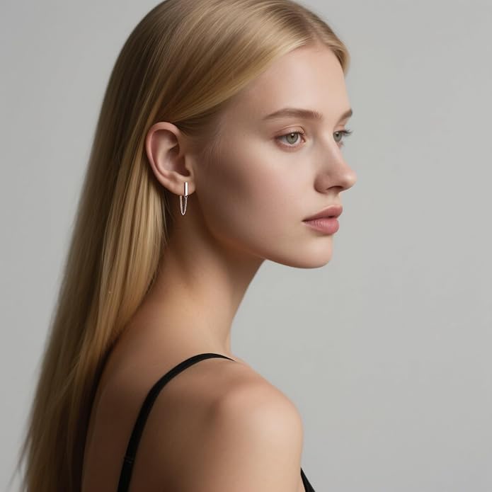 Reffeer Solid 925 Sterling Silver Stud Earrings Minimalist Bar Earrings with Chain Dangle Earrings For Women