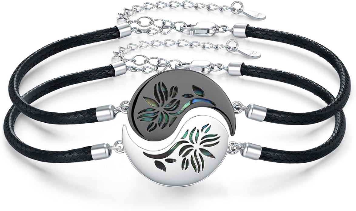Yin Yang Bracelet 925 Sterling Silver Couple Friendship Bracelets Tree of Life/Sun Moon/Mountain/Lotus Abalone Jewelry for Women Men Couples, Leather Cord 7+2 in
