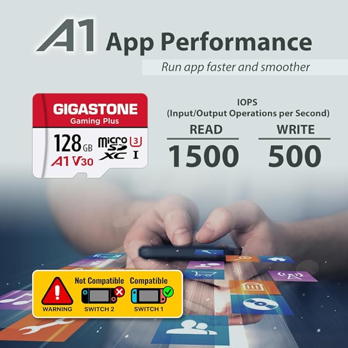 [Gigastone] 128GB Micro SD Card, Gaming Plus, MicroSDXC Memory Card for Nintendo-Switch 1, Wyze, GoPro, Dash Cam, Security Camera, 4K Video Recording, UHS-I A1 U3 V30 C10, up to 100MB/s, with Adapter