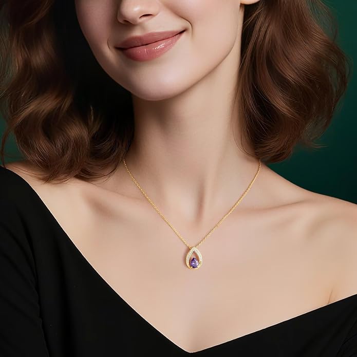 Iefil Valentines Day Gifts for Her - 14K Gold Plated Birthstone Necklace for Women, 925 Sterling Silver Teardrop Necklace, Anniversary Birthday Gifts for Wife Girlfriend Mom
