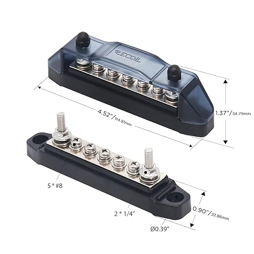 Recoil BBS25P Bus Bar 2 x M5 Studs and 5 Screw Terminals Power Distribution Block with Ring Terminals Pair Red & Black